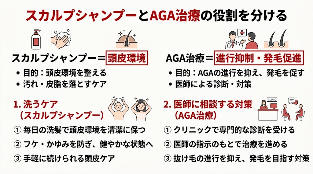 スカルプシャンプーとAGA治療の役割の違いを比較した図解