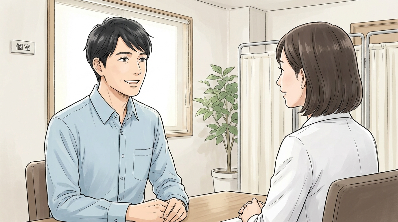 AGAスキンクリニックはどう?対面診療の特徴と料金を整理 8 Man in consultation room reassured 7519c9cb54