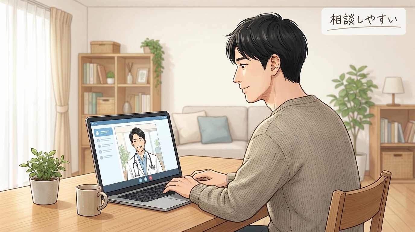 クリニックフォアのAGA治療はどう?特徴・料金・口コミを整理 8 Man receiving online consultation 38fbc06359