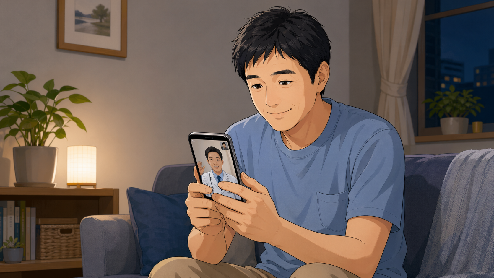 30代40代男性が自宅でオンラインAGAの無料相談を受けているイラスト