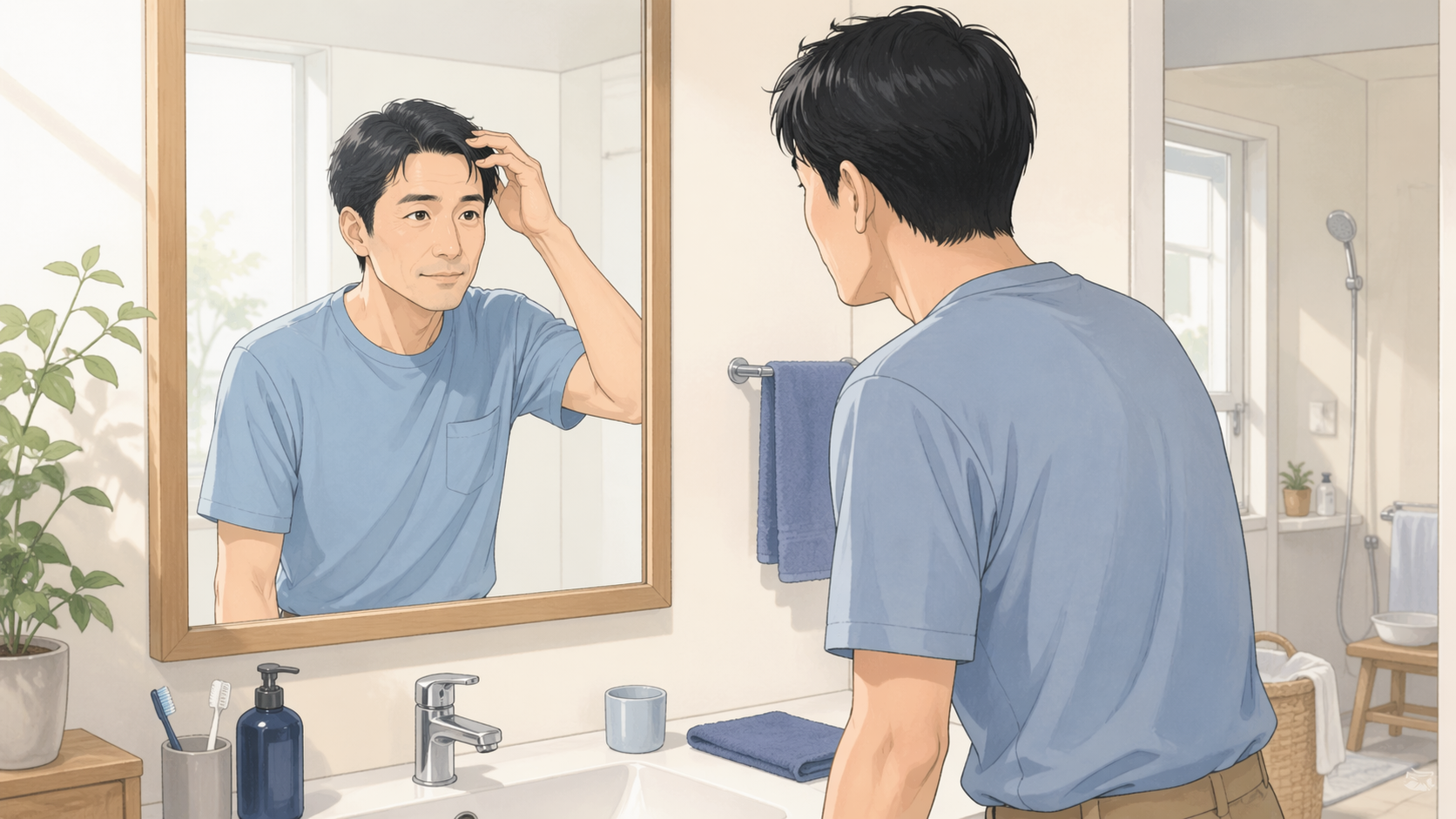 30代40代男性が鏡の前で分け目をチェックし薄毛対策を何から始めるか考えているイラスト