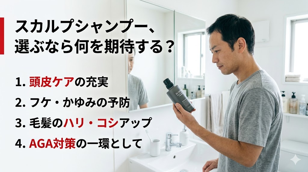 洗面台でスカルプシャンプーを見ながら頭皮ケアとAGA対策を考える日本人男性