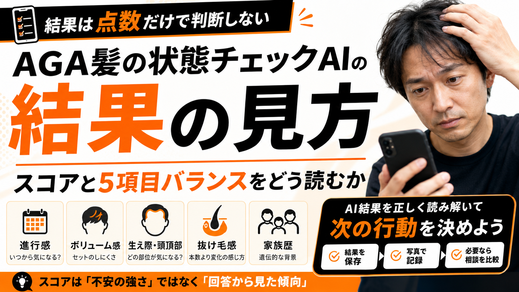 AGA髪の状態チェックAIの結果の見方｜スコアと5項目バランスをどう読むか