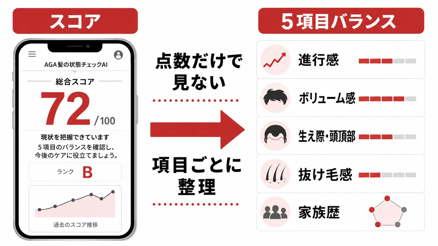 【AGA髪の状態チェックAI】の結果の見方|スコアと5項目バランスをどう読むか 19 AGA髪の状態チェックAIのスコアと5項目バランスの見方