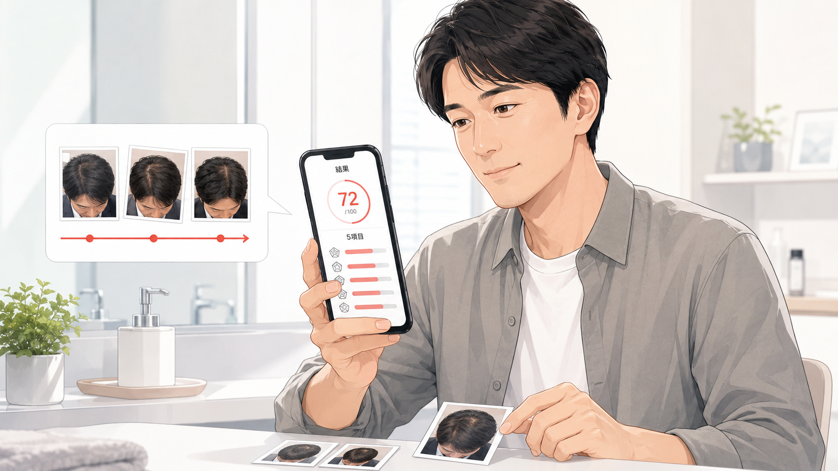 【AGA髪の状態チェックAI】の結果の見方|スコアと5項目バランスをどう読むか 22 写真記録とAIチェック結果を見比べる男性のイメージ