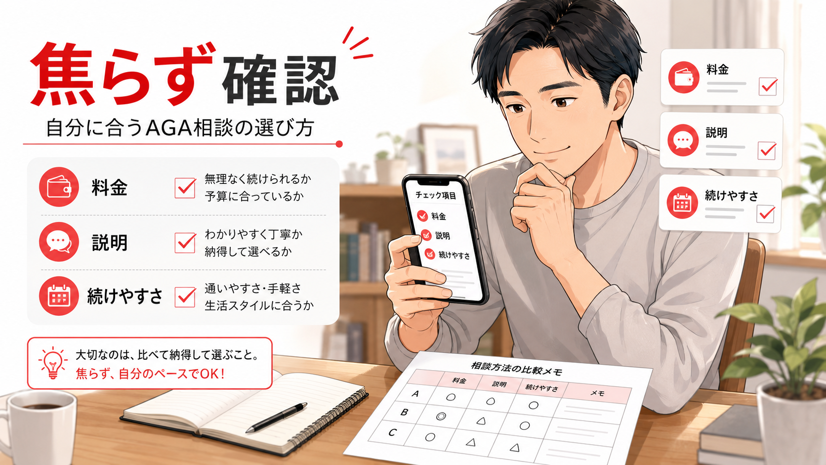 AGAクリニック比較で迷ったら?料金・相談方法・続けやすさで見る順番 18 不安をあおる説明ではなく条件を整理してAGA相談先を選ぶ