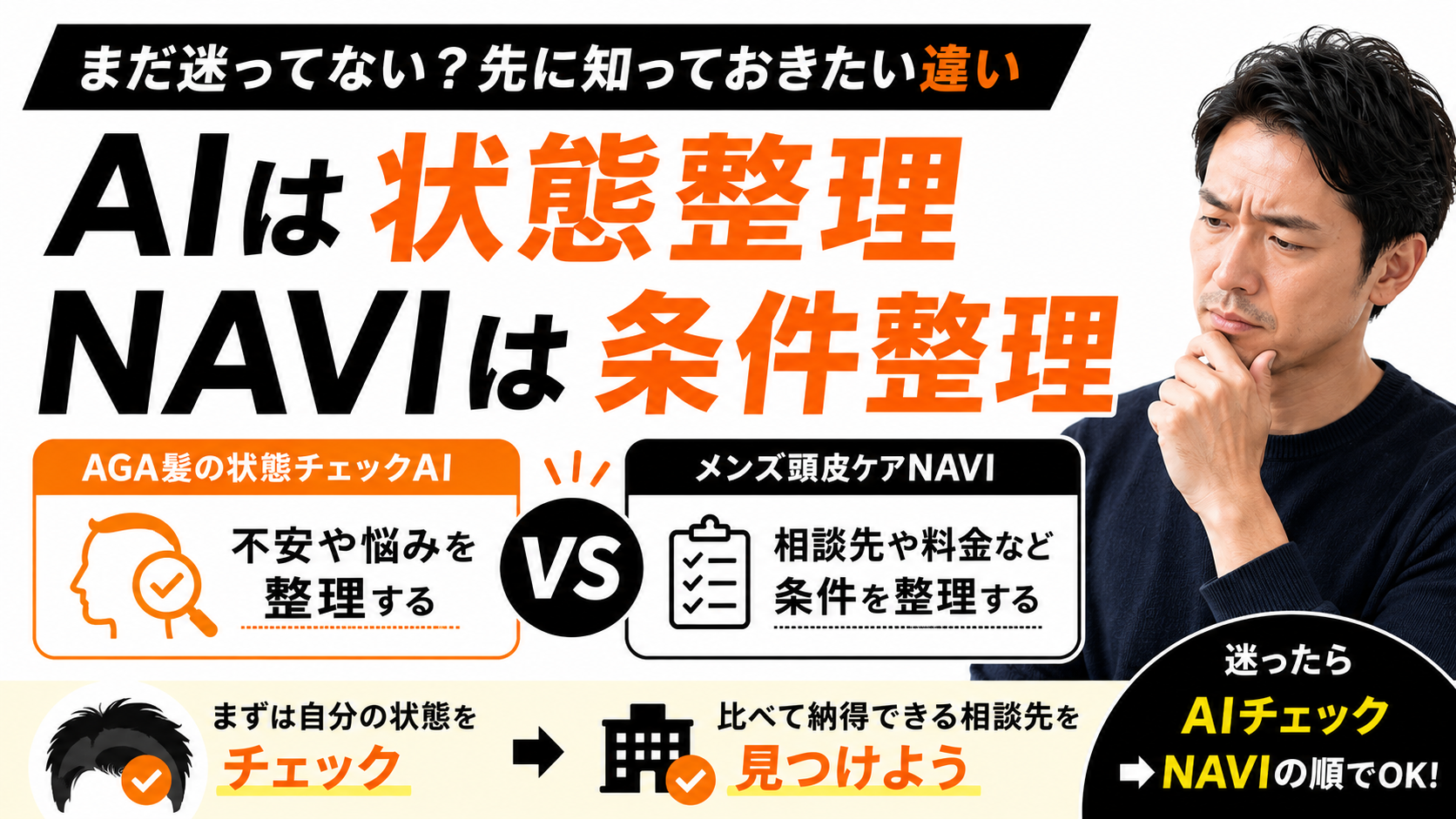 【AGA髪の状態チェックAI】と【メンズ頭皮ケアNAVI】の違い｜不安整理と相談先比較の使い分け