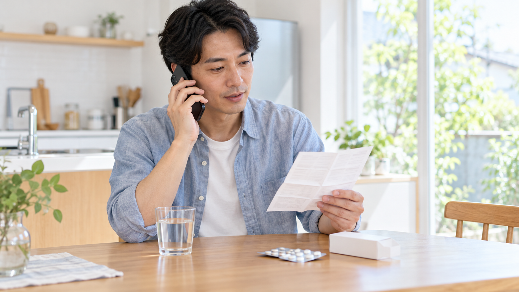 本文後半：保管条件に迷った際、説明書を手元に薬剤師などへ相談する場面のイメージ画像。体験談ではない。